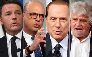 Da sinistra Matteo Renzi, Angelino Alfano, Silvio Berlusconi e Beppe Grillo