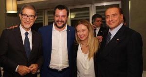 Da sinistra: Nello Musumeci, neo presidente della Sicilia, Matteo Salvini. Giorgia Meloni e Silvio Berlusconi. (fonte immagine: corriere.it)