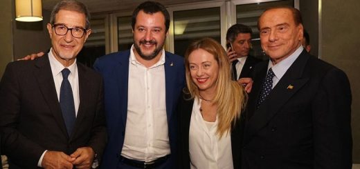 Da sinistra: Nello Musumeci, neo presidente della Sivilia, Matteo Salvini. Giorgia Meloni e Silvio Berlusconi. (fonte immagine: corriere.it)
