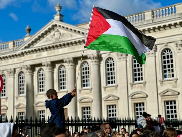 ONU riconoscimenti Palestina. Un ragazzo sventola una bandiera fuori da un edificio occidentale